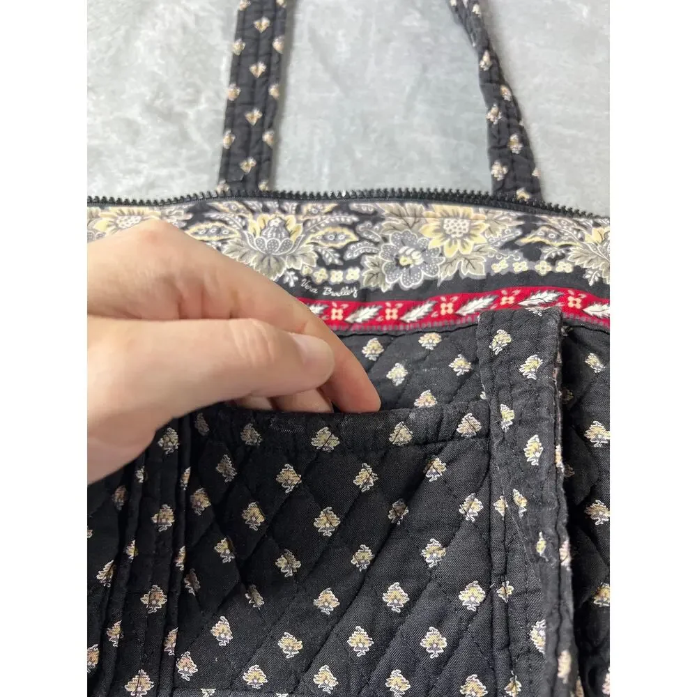 Rare Vtg Black Floral Vera Bradley Classic Medium Tote Quilted Retired 2002